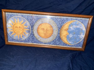 vintage 1990s celestial sun, moon, and stars decorative wall art piece