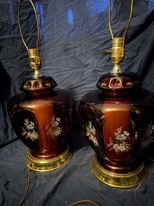 Pair of Vintage Amethyst Floral Bedside Table Lamps