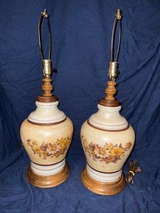 Pair of mcm hand painted glass and wood lamps