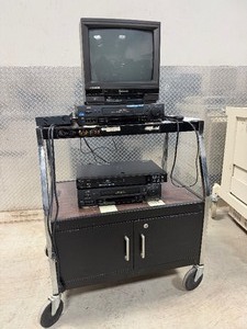 Contents of Cart - Working Electronics Including Panasonic Color Monitor CT-1382-VY BluRay Player VCR etc