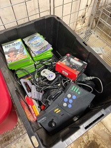 Large Bin Full of Assorted Video Games &amp Accessories Controllers Cords etc - Mostly Original XBOX
