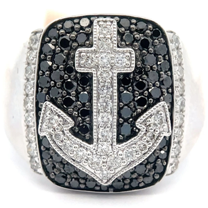 New EFFY Brand Mens 1.18 Carat Pav Natural Black & White Diamond Nautical Anchor Ring in 14k White Gold Retail $7,149 VIDEO