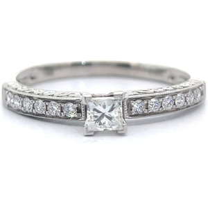 0.50 Carat Princess Natural Diamond Scrolled Engagement Ring in 14k White Gold VIDEO