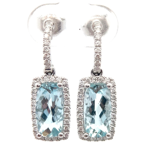 Johnny Wang 2.82 Carat Natural Aquamarine & Natural Diamond Halo Drop Earrings in 14k White Gold Retail $2,750 VIDEO