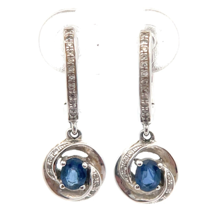 Royal Signed Natural Sapphire & Diamond Love Knot Huggie Hoop Earrings in 14k White Gold VIDEO