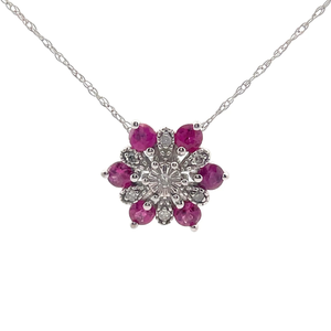 Natural Ruby & Diamond Flower Pendant Necklace in 14k White Gold Retail $229 VIDEO