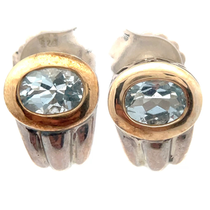 Designer Stamped Oval Natural Aquamarine Bezel Two-Tone J-Earrings VIDEO