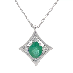 0.55 Carat Natural Emerald & Natural Diamond Geometric Pendant Necklace in 14k White Gold VIDEO