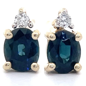Oval Natural Blue Spinel & Diamond Two-Stone Stud Earrings in 14k Yellow Gold VIDEO