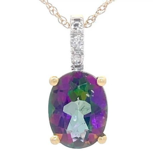 Oval Cut Mystic Topaz & Natural Diamond Pendant Necklace in Yellow Gold Retail $139 VIDEO