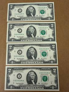4 Consecutive Number 2003A Uncirculated $2 Bills