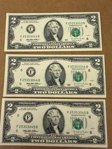 3 -  Unc Consecutive 1995 6 Atl $2 Bills