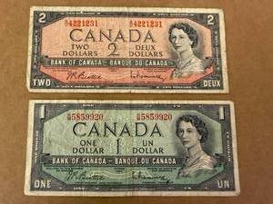 1954 Canada $1 & $2 Bills