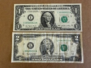 2003 L12 $2 Bill & 1977 I9 $1 Bill
