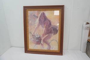 Vintage 1970s Framed Art Print Laguna Girl On Bike by Artist Frank Tauriello 27.5x33.5