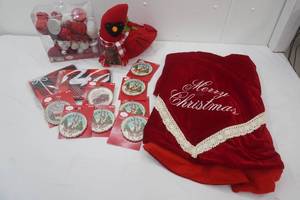 New Christmas Decor. Stuffed Cardinal, Red Velvet Tree Skirt, Ornaments
