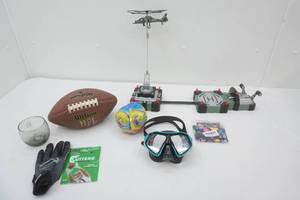 Games & Toys. Football, football glove, floral basketball sleeve, swim goggles, Jasman Command Force Chopper Launch Set
