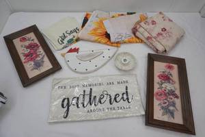 Home Decor. Wooden Chicken Wall Hanging, Vintage Floral Art Prints, Table Linens, Sunflower Curtains, Throw Pillow Cover