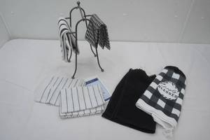 New Kitchen Hand Towels & Metal Rack. Black & White Color Theme