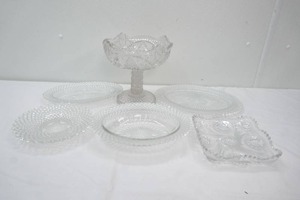 Vintage Anchor Hocking Miss America pattern Crystal Depression Glass Platters Pedestal Compote Bowl - light smoke color and more