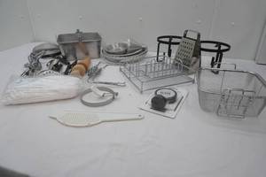 Kitchenware Lot Vintage Hand Beaters, pie tins, canning strainer, grater, deep fry basket and more