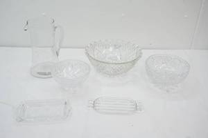 Vintage Etched Crystal Pitcher, Pressed  Cut Crystal Serving Bowls, Butter Dishes