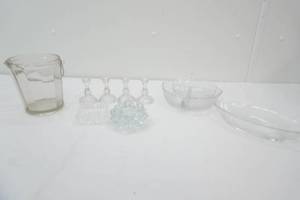 Vintage Crystal & Clear Glass Pieces. Small Candlestick Holders, Etched, Pressed, Light Smoke Color Ice Bucket