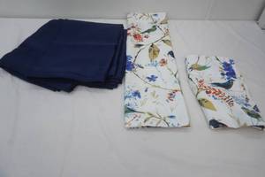 Like New Curtains & Valances. Bird Print & Navy Blue Panels