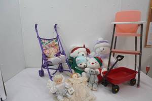 Vintage Toy High Chair, Toy Stroller, Toy Dolls Wagon, Stuffed Animals, Baby Doll and More