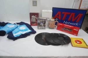 Collectible Beer Steins John Wayne VHS Set, ATM Lighted Sign Antique Records, Racing Champions 164 die-cast bank, VW shirt & Sweatshirt