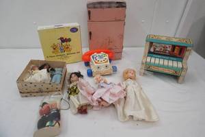 Vintage Toys & Collectibles. Fisher Price Change-a-Tune Piano, Wolverine Pink Metal Refrigerator, Collectible Vintage Dolls and More