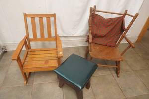 Vintage Wooden Childrens Rocking Chairs padded footstool
