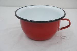Vintage enamelware chamber pot. red, white & black. very good condition