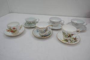 Collection of Vintage Tea Cups and Saucers. 6 sets. Gold Accents and Trim