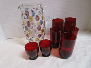 Vintage Ruby Glasses & Dot Pitcher