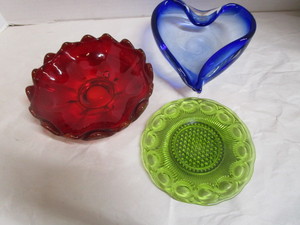 Art Glass Blue, Ruby & Green Dishes