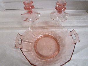 Pink Depression Bowl & Candle Holders