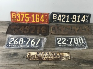6 - Vintage License Plates and 1 Metal Sign