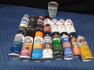 Box of spray paints, lubricants, spray adhesive and more