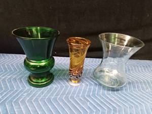 Vintage Napco forest green urn shaped vase, vintage amber and white swirl art glass footed vase, vintage blown glass vase with a subtle green tint