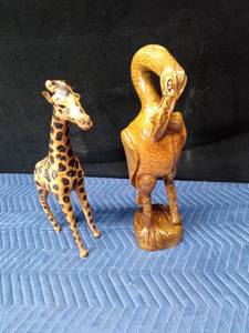 Hand carved wood Heron and paper mache giraffe
