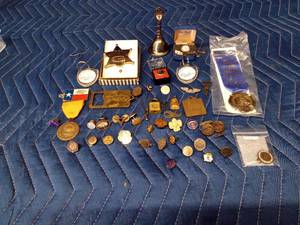 Pins including sterling silver, railroad buttons, cuff links, medals, padlock, key rings, and more