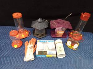 2 Glass ans 2 plastic hummingbird feeders, 2 bird feeders, weather watch, gloves, plant hanger and more