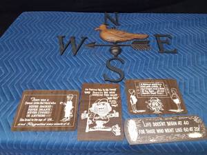 Metal wall weathervane decor and 4 wood signs
