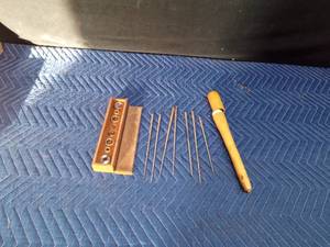 Alignment box for gravure etched cylinders known as print rings and butcher tools in wood bat like case (tools look like needles)