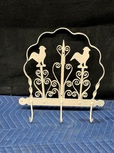 3 Hook Metal Rack for Hanging Hats  Jackets  Utensils - Has Roosters at the Top