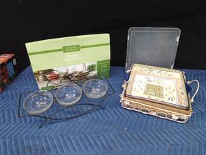 New pottery casserole wiyh plastic lid and metal rack and 3 glass bowl condiment set with metal rack
