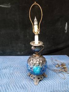 Vintage Blue glass lamp with metal base and top - WORKS