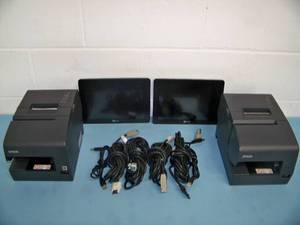 (2) Epson M253A USB PoS Receipt Thermal Printers and (2) NCR 5910-0000-9090 RealPOS 10 Touchscreen XL-Series Displays