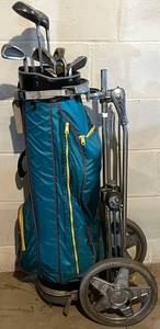 LL - Bag Boy Carrier With Vintage Golf Clubs - Assorted Irons and Woods
